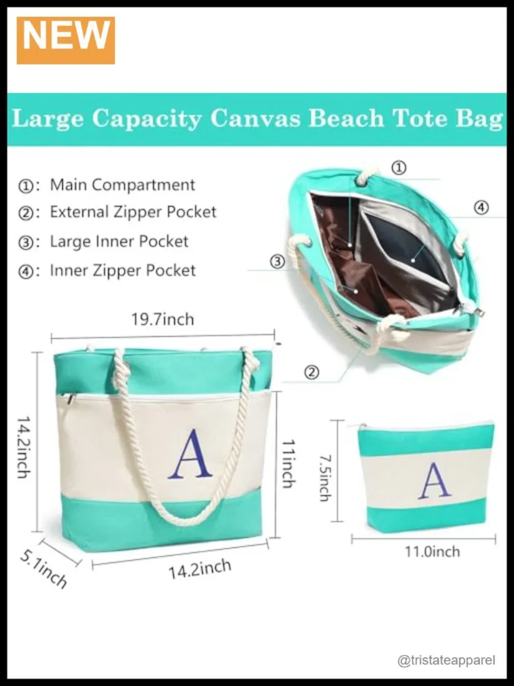 Canvas Waterproof Beach Tote, Extra Large Travel Bag with Zipper Pockets,
